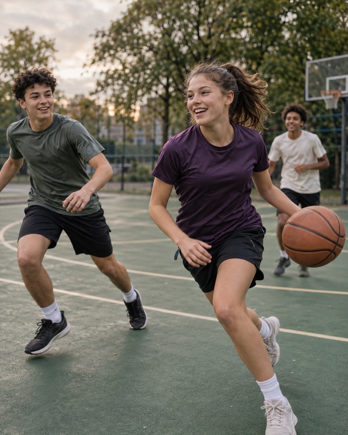 Jongeren die samen basketballen op een buitensportveld. Illustratief beeld.